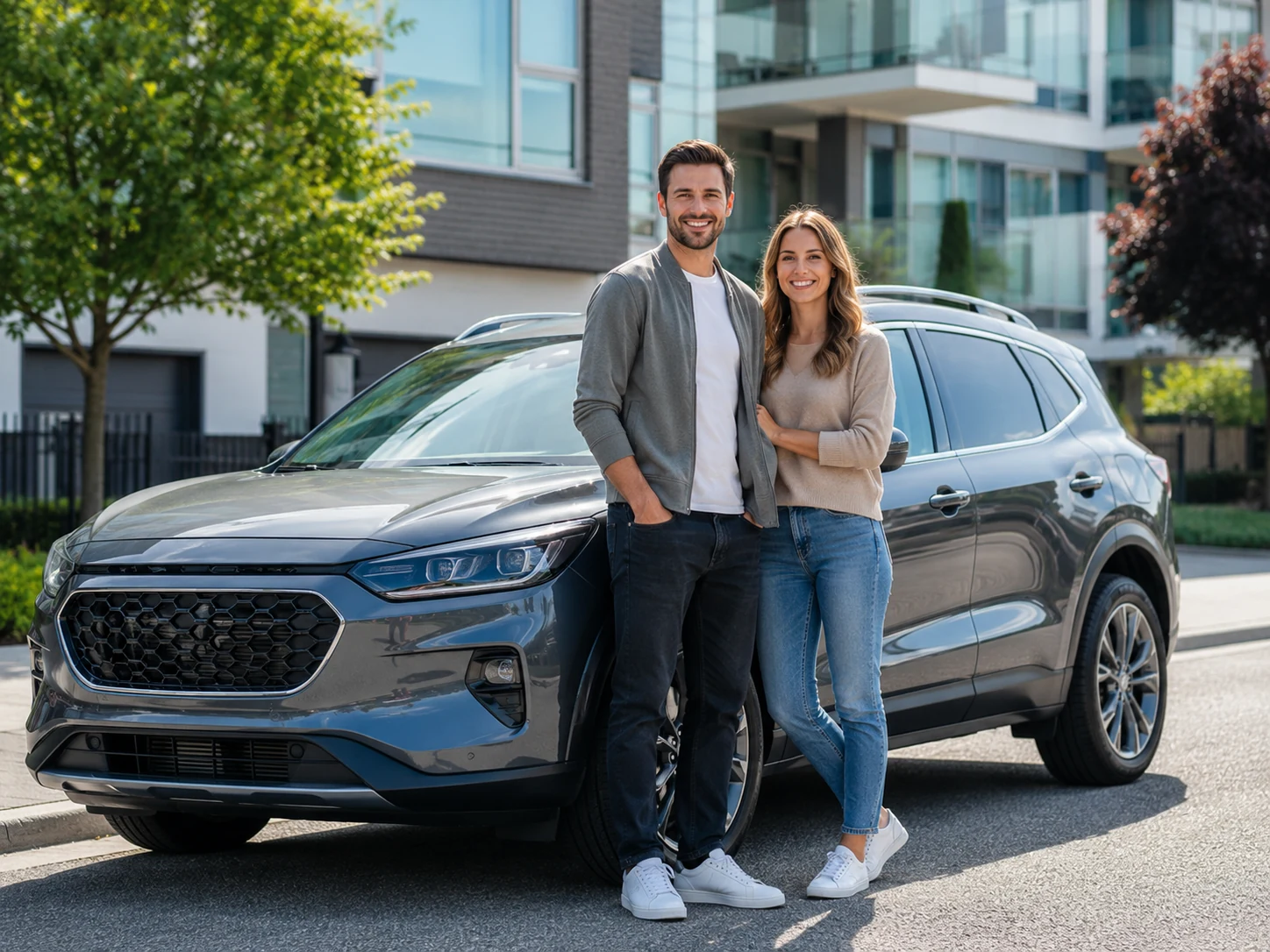 Smiling couple standing beside a modern SUV