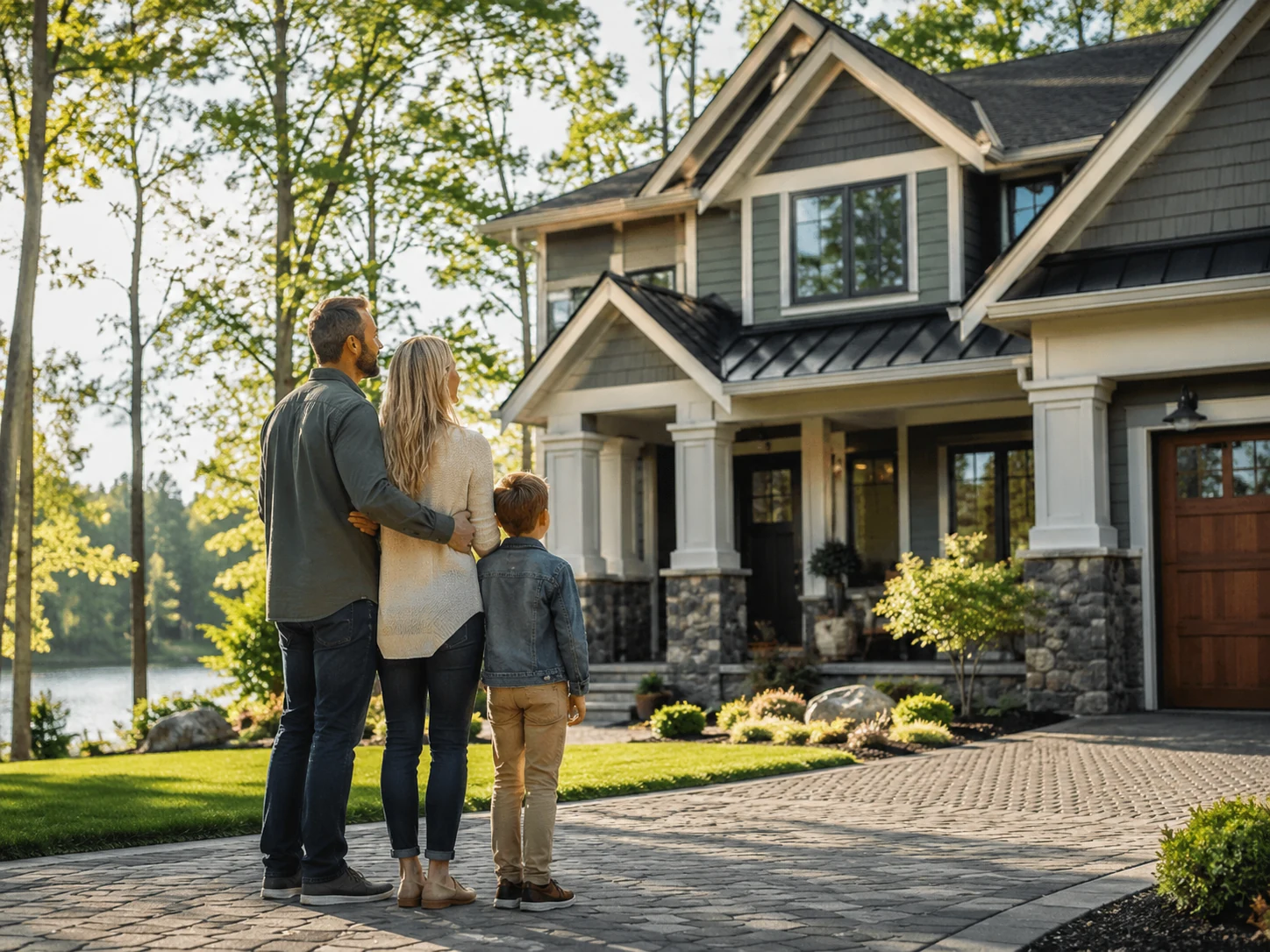 Family standing outside a beautiful home by the lake
