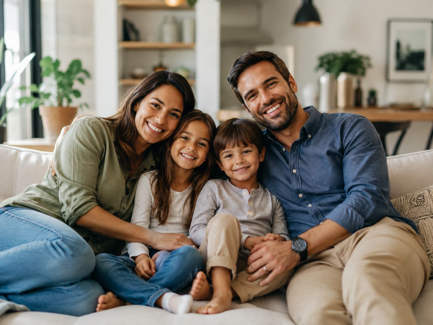 Happy family sitting together on a sofa at home