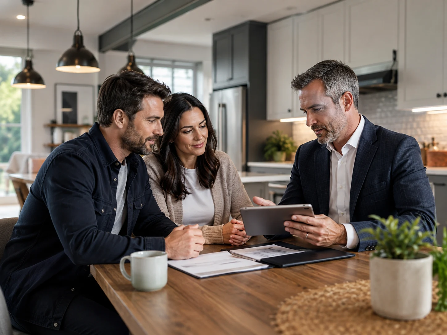 Home insurance advisor explaining coverage options to a couple