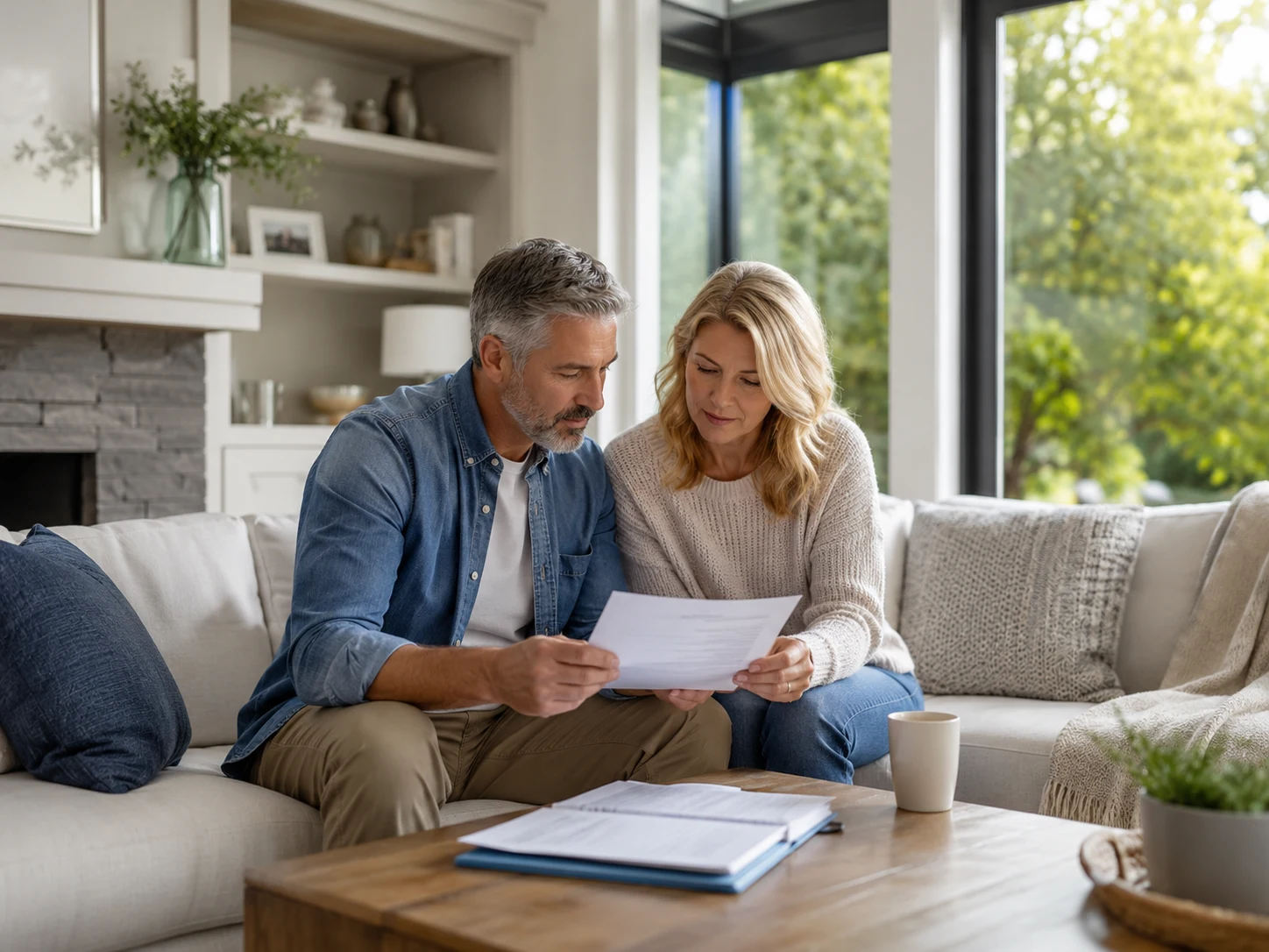 Homeowners reviewing home insurance documents in a cozy living room