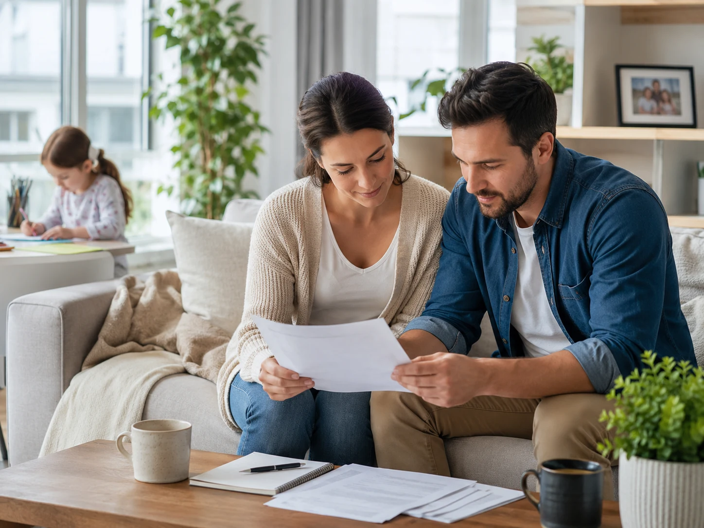 Couple reviewing life insurance documents at home