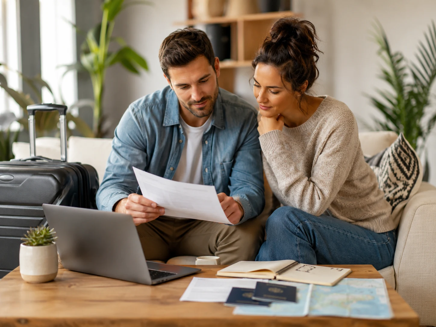 Travellers reviewing travel insurance documents before a trip